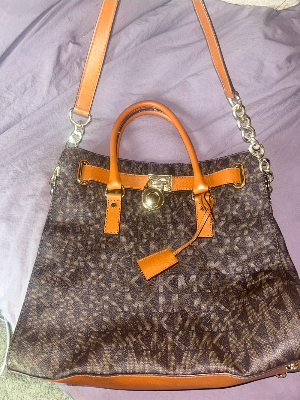 Michael Kors Brown & Orange Logo Tote with Gold Hardware